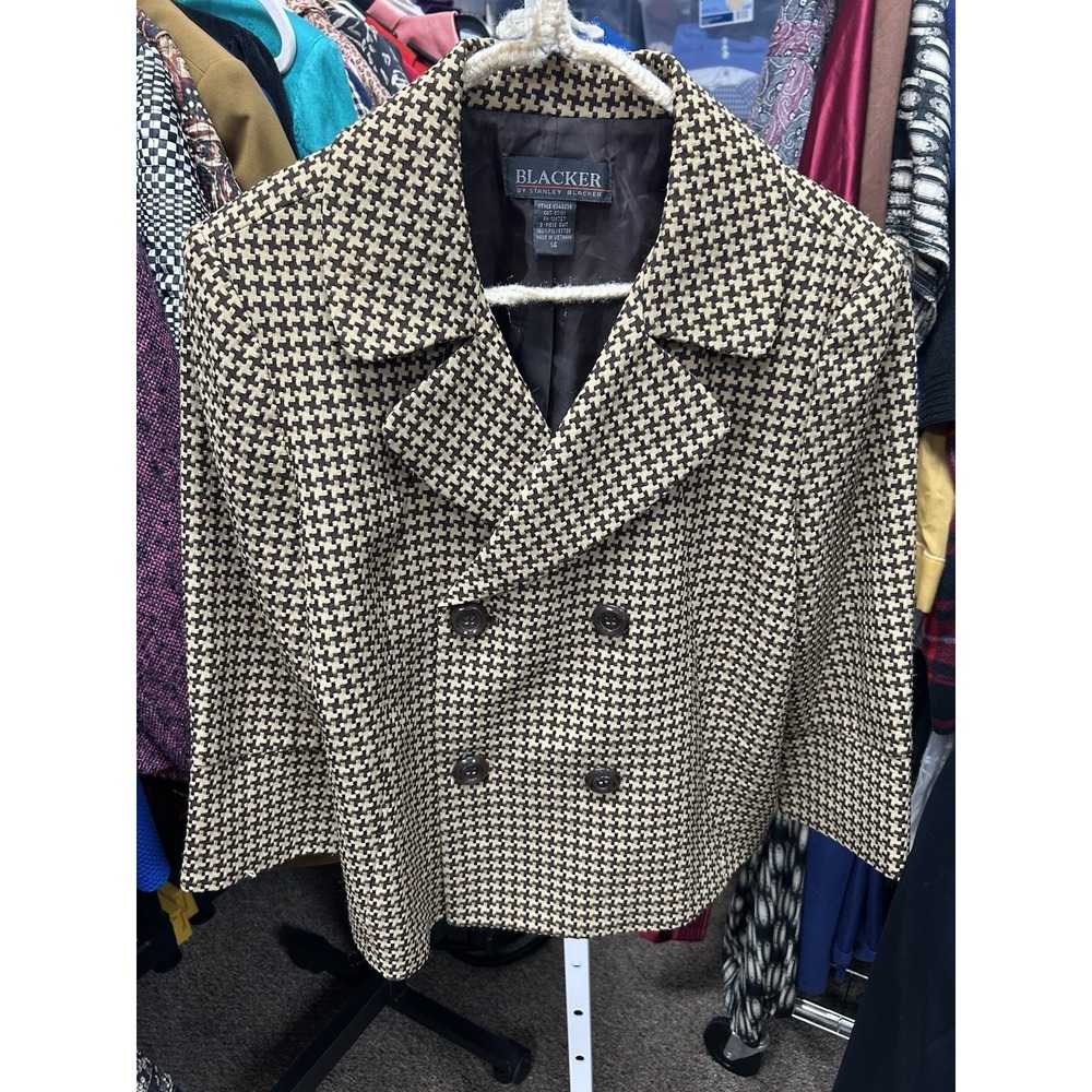 Vtg Double Breasted Blazer Size 14 Cropped Houndstooth Tweed Tan Stanley Blacker